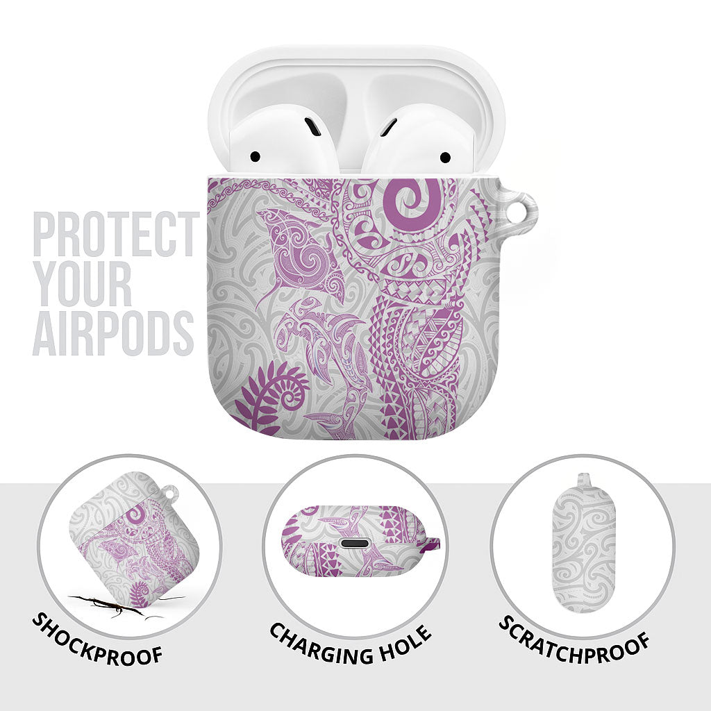Aotearoa Maori Sea Animals Tribal AirPods Case Manta Ray and Shark Moko Pattern Pink Color
