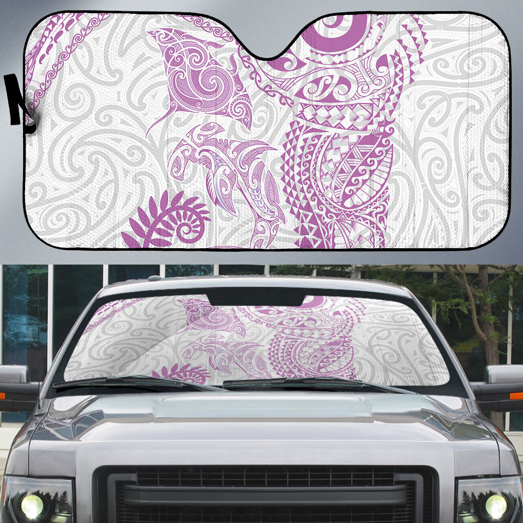 Aotearoa Maori Sea Animals Tribal Auto Sun Shade Manta Ray and Shark Moko Pattern Pink Color LT03 Pink - Polynesian Pride