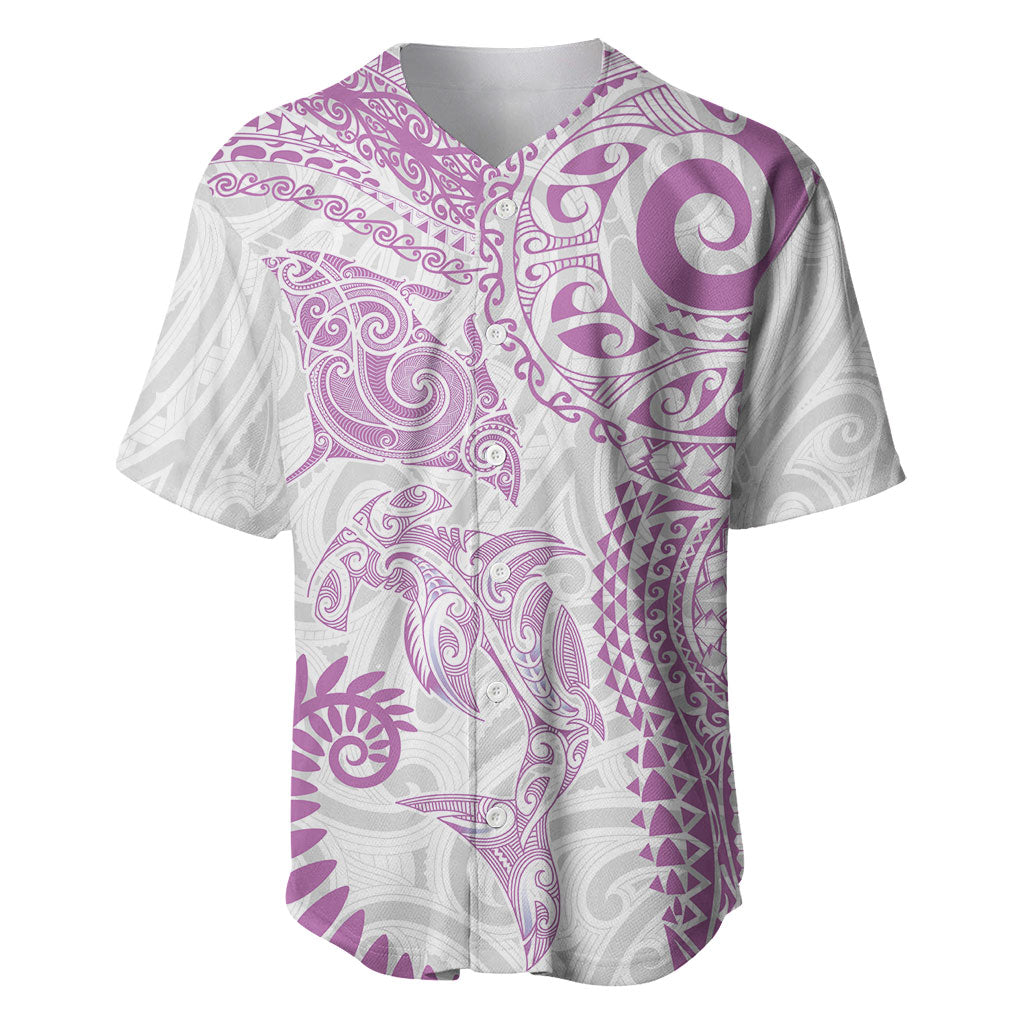 Aotearoa Maori Sea Animals Tribal Baseball Jersey Manta Ray and Shark Moko Pattern Pink Color LT03 Pink - Polynesian Pride
