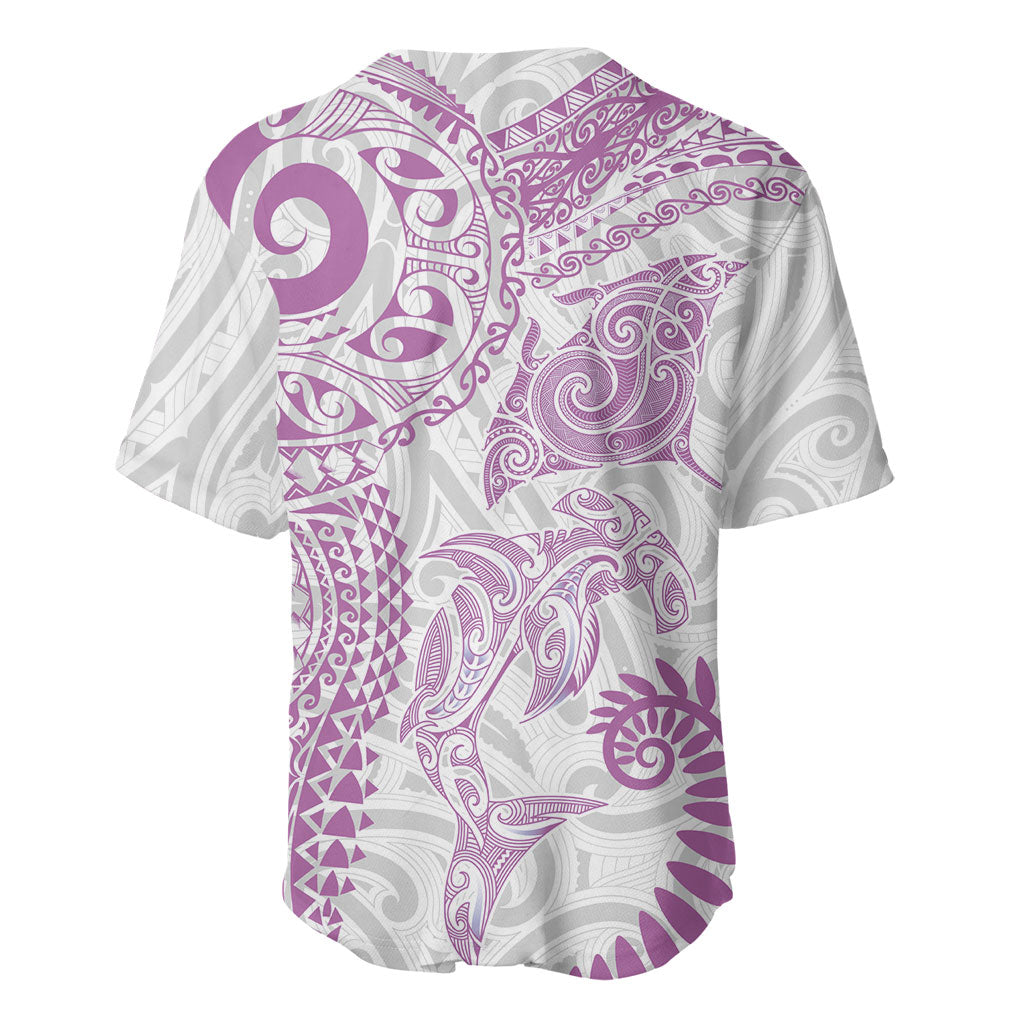 Aotearoa Maori Sea Animals Tribal Baseball Jersey Manta Ray and Shark Moko Pattern Pink Color LT03 - Polynesian Pride
