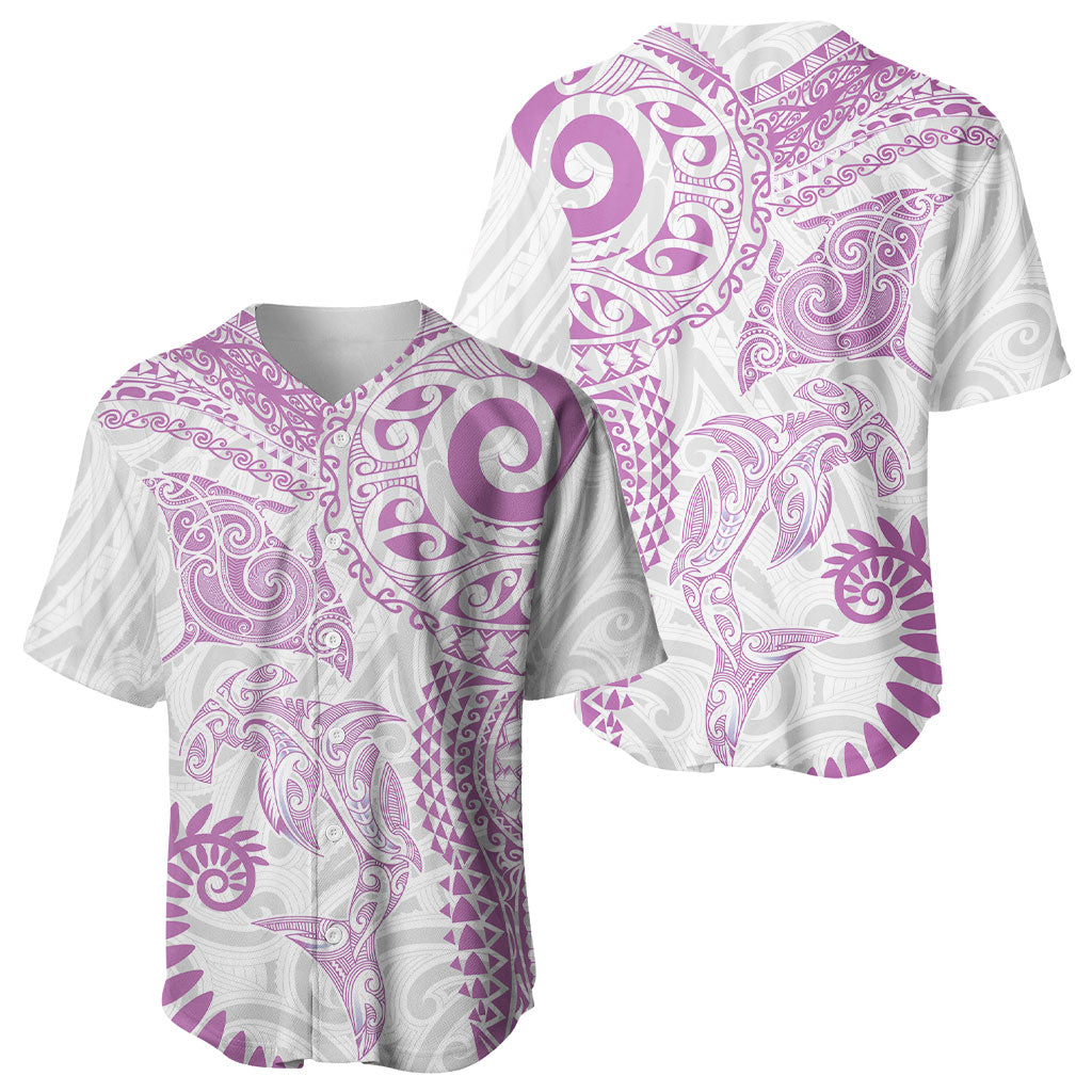 Aotearoa Maori Sea Animals Tribal Baseball Jersey Manta Ray and Shark Moko Pattern Pink Color LT03 - Polynesian Pride