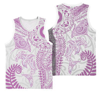Aotearoa Maori Sea Animals Tribal Basketball Jersey Manta Ray and Shark Moko Pattern Pink Color