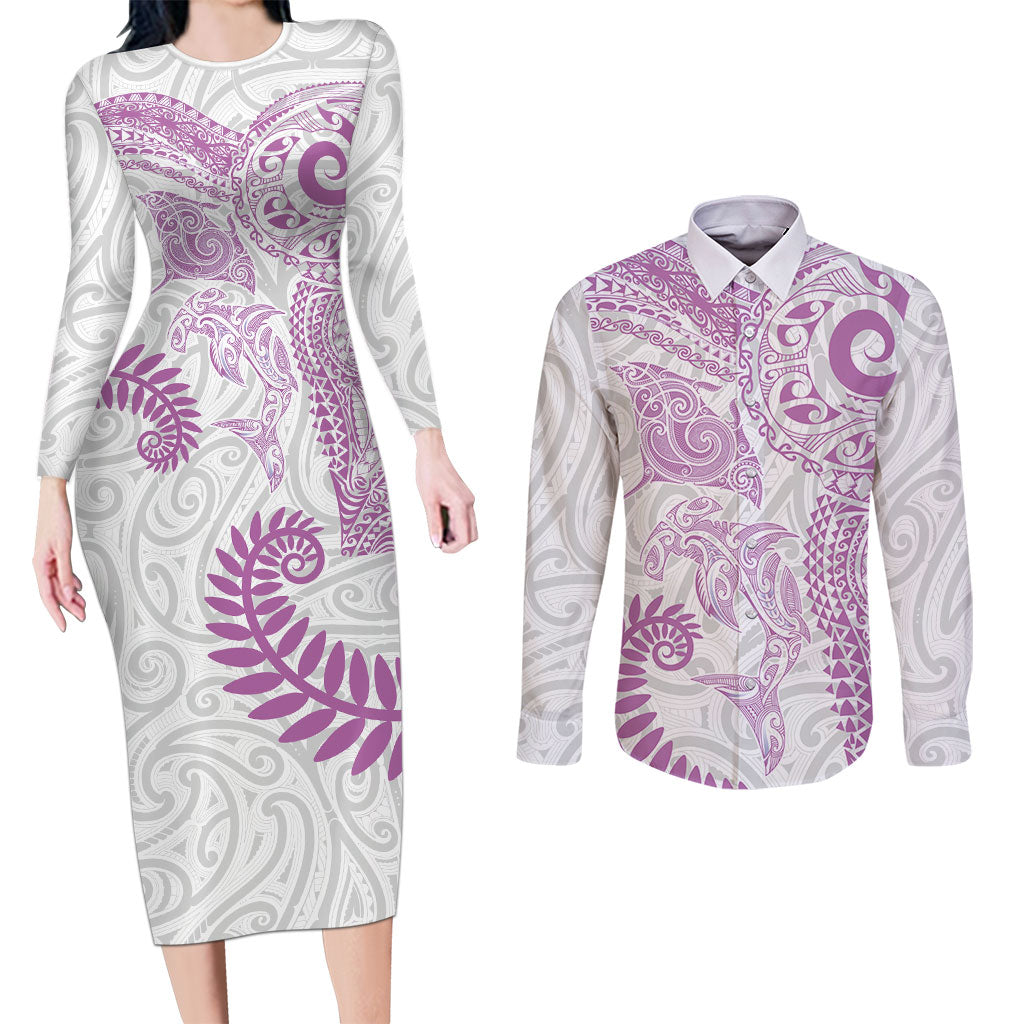 Aotearoa Maori Sea Animals Tribal Couples Matching Long Sleeve Bodycon Dress and Long Sleeve Button Shirt Manta Ray and Shark Moko Pattern Pink Color