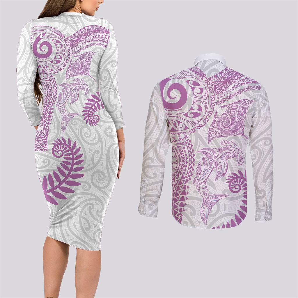 Aotearoa Maori Sea Animals Tribal Couples Matching Long Sleeve Bodycon Dress and Long Sleeve Button Shirt Manta Ray and Shark Moko Pattern Pink Color