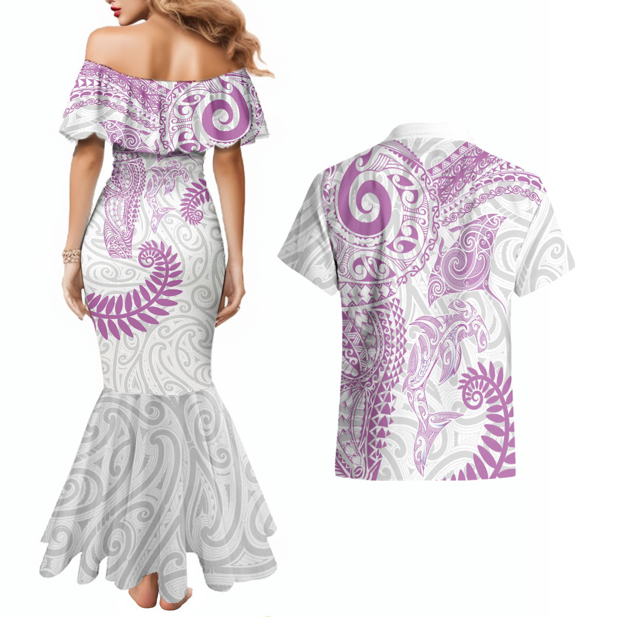 Aotearoa Maori Sea Animals Tribal Couples Matching Mermaid Dress and Hawaiian Shirt Manta Ray and Shark Moko Pattern Pink Color