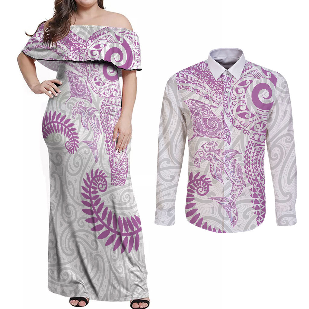 Aotearoa Maori Sea Animals Tribal Couples Matching Off Shoulder Maxi Dress and Long Sleeve Button Shirt Manta Ray and Shark Moko Pattern Pink Color