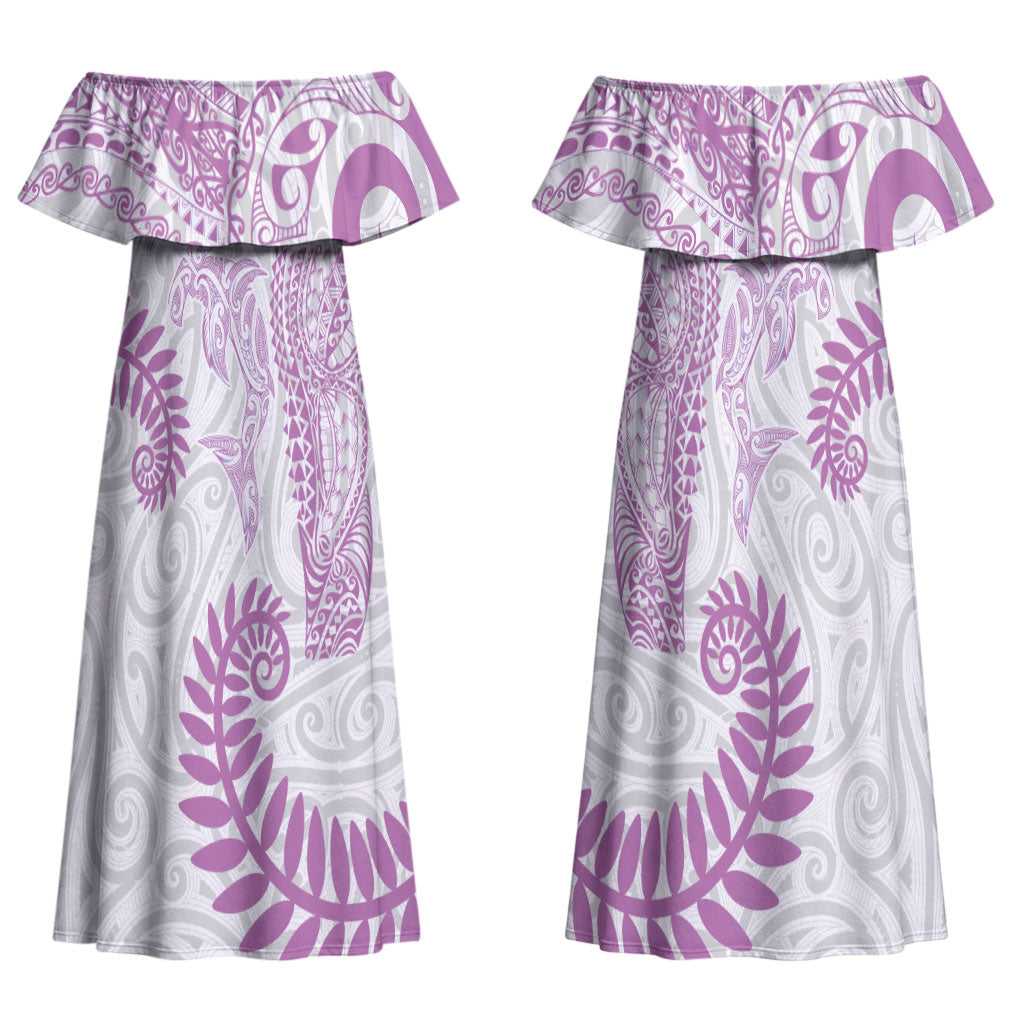 Aotearoa Maori Sea Animals Tribal Couples Matching Off Shoulder Maxi Dress and Long Sleeve Button Shirt Manta Ray and Shark Moko Pattern Pink Color LT03 - Polynesian Pride