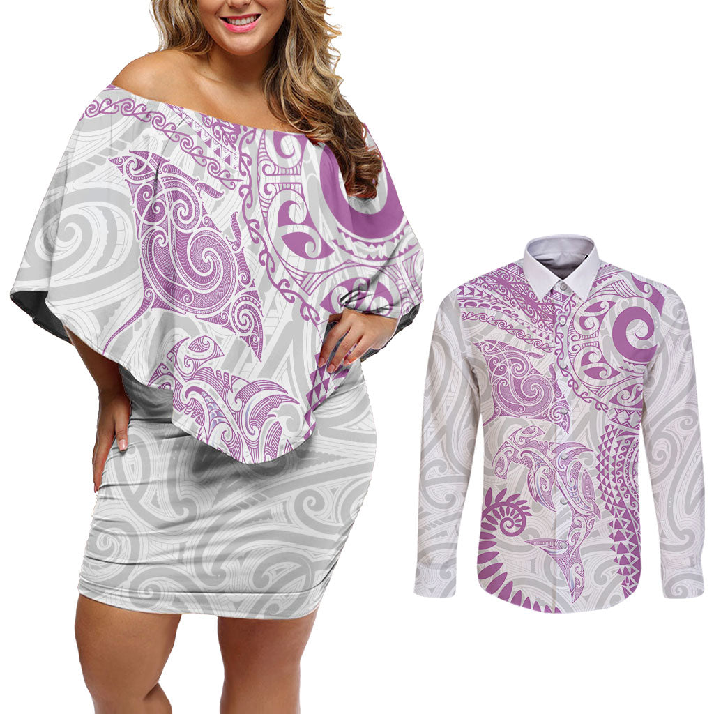 Aotearoa Maori Sea Animals Tribal Couples Matching Off Shoulder Short Dress and Long Sleeve Button Shirt Manta Ray and Shark Moko Pattern Pink Color