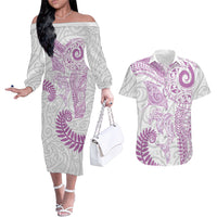 Aotearoa Maori Sea Animals Tribal Couples Matching Off The Shoulder Long Sleeve Dress and Hawaiian Shirt Manta Ray and Shark Moko Pattern Pink Color