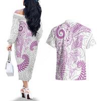 Aotearoa Maori Sea Animals Tribal Couples Matching Off The Shoulder Long Sleeve Dress and Hawaiian Shirt Manta Ray and Shark Moko Pattern Pink Color