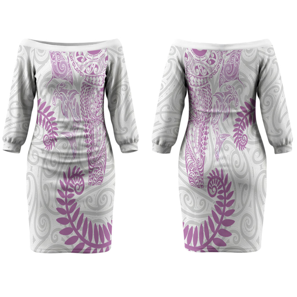 Aotearoa Maori Sea Animals Tribal Couples Matching Off The Shoulder Long Sleeve Dress and Hawaiian Shirt Manta Ray and Shark Moko Pattern Pink Color LT03 - Polynesian Pride
