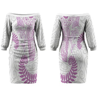 Aotearoa Maori Sea Animals Tribal Couples Matching Off The Shoulder Long Sleeve Dress and Hawaiian Shirt Manta Ray and Shark Moko Pattern Pink Color LT03 - Polynesian Pride