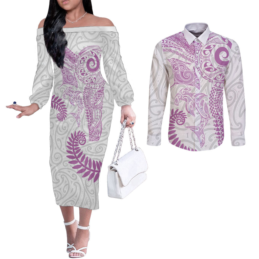 Aotearoa Maori Sea Animals Tribal Couples Matching Off The Shoulder Long Sleeve Dress and Long Sleeve Button Shirt Manta Ray and Shark Moko Pattern Pink Color