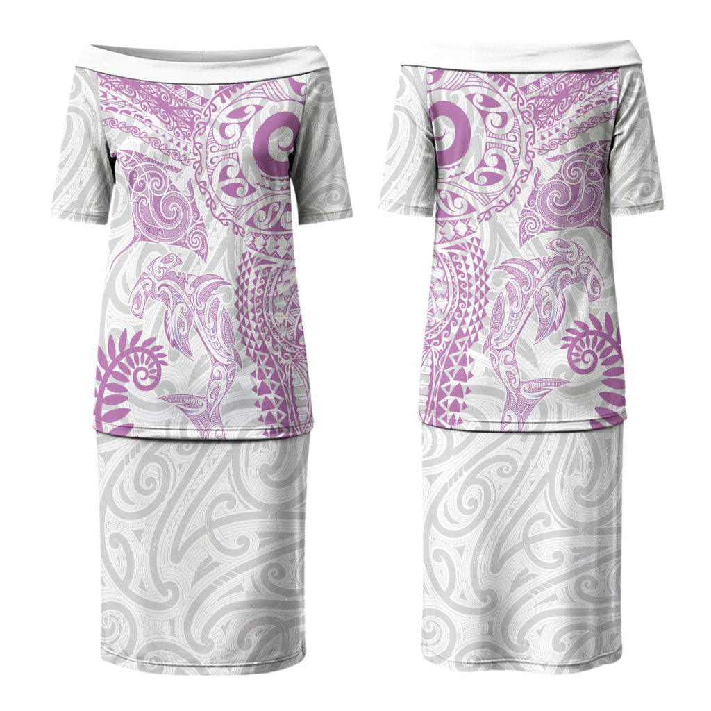 Aotearoa Maori Sea Animals Tribal Couples Matching Puletasi and Hawaiian Shirt Manta Ray and Shark Moko Pattern Pink Color LT03 - Polynesian Pride