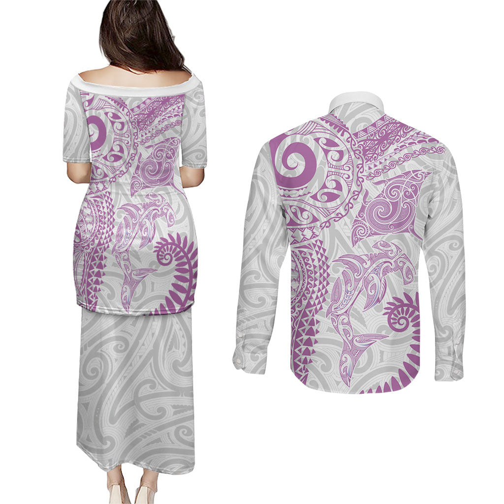 Aotearoa Maori Sea Animals Tribal Couples Matching Puletasi and Long Sleeve Button Shirt Manta Ray and Shark Moko Pattern Pink Color