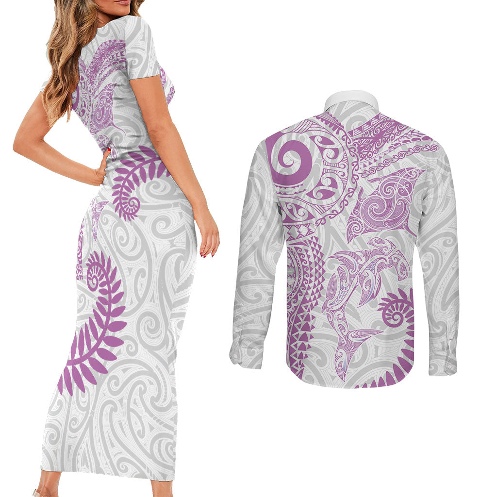 Aotearoa Maori Sea Animals Tribal Couples Matching Short Sleeve Bodycon Dress and Long Sleeve Button Shirt Manta Ray and Shark Moko Pattern Pink Color