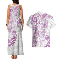 Aotearoa Maori Sea Animals Tribal Couples Matching Tank Maxi Dress and Hawaiian Shirt Manta Ray and Shark Moko Pattern Pink Color