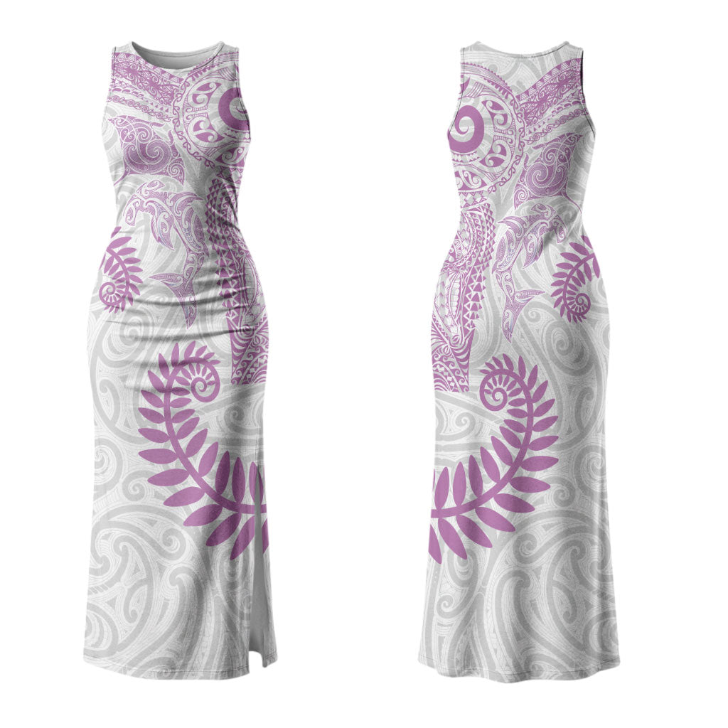 Aotearoa Maori Sea Animals Tribal Couples Matching Tank Maxi Dress and Long Sleeve Button Shirt Manta Ray and Shark Moko Pattern Pink Color LT03 - Polynesian Pride