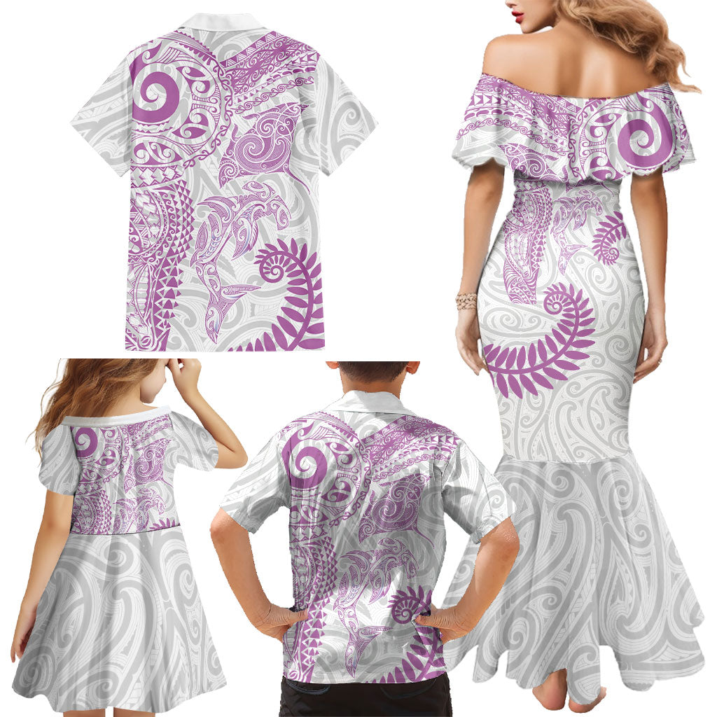 Aotearoa Maori Sea Animals Tribal Family Matching Mermaid Dress and Hawaiian Shirt Manta Ray and Shark Moko Pattern Pink Color