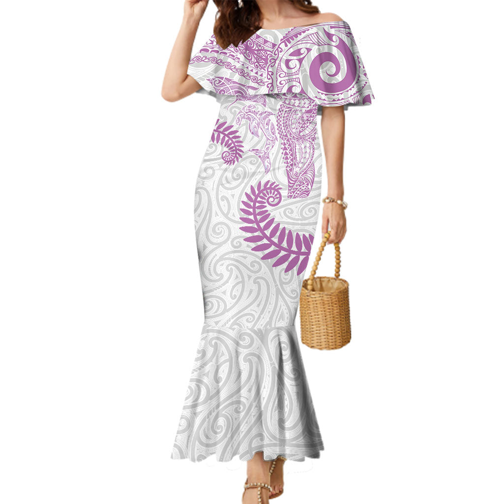 Aotearoa Maori Sea Animals Tribal Family Matching Mermaid Dress and Hawaiian Shirt Manta Ray and Shark Moko Pattern Pink Color