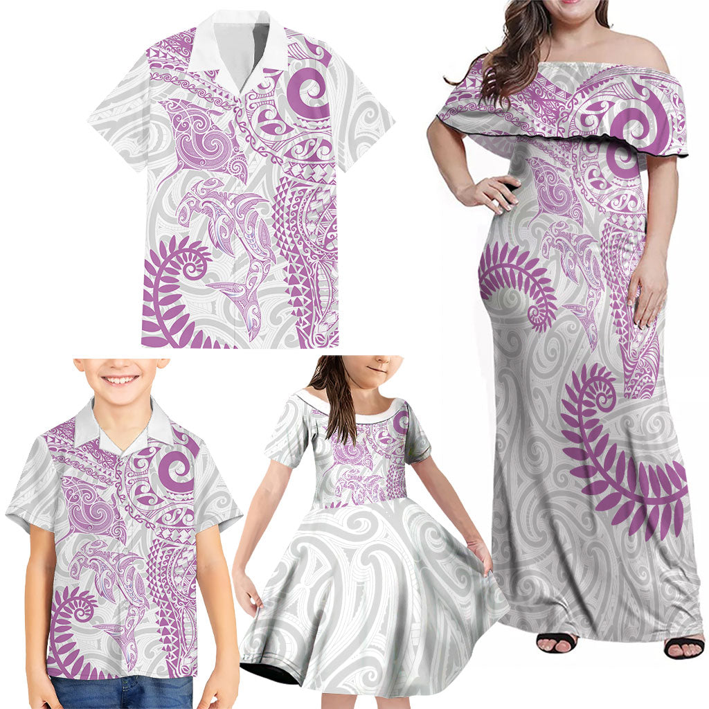 Aotearoa Maori Sea Animals Tribal Family Matching Off Shoulder Maxi Dress and Hawaiian Shirt Manta Ray and Shark Moko Pattern Pink Color