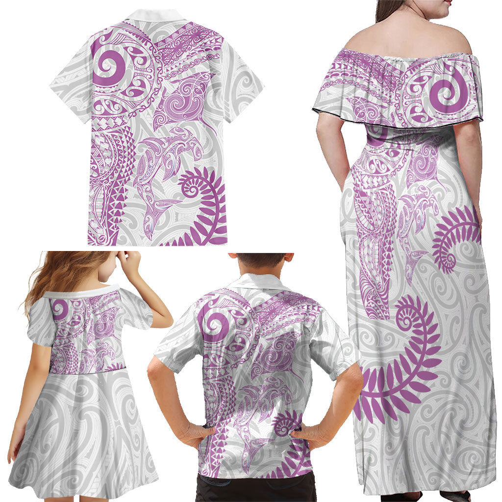 Aotearoa Maori Sea Animals Tribal Family Matching Off Shoulder Maxi Dress and Hawaiian Shirt Manta Ray and Shark Moko Pattern Pink Color