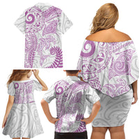 Aotearoa Maori Sea Animals Tribal Family Matching Off Shoulder Short Dress and Hawaiian Shirt Manta Ray and Shark Moko Pattern Pink Color
