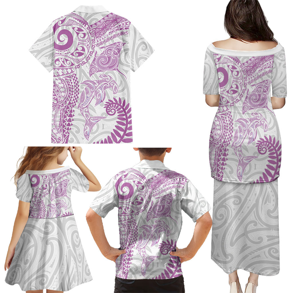 Aotearoa Maori Sea Animals Tribal Family Matching Puletasi and Hawaiian Shirt Manta Ray and Shark Moko Pattern Pink Color