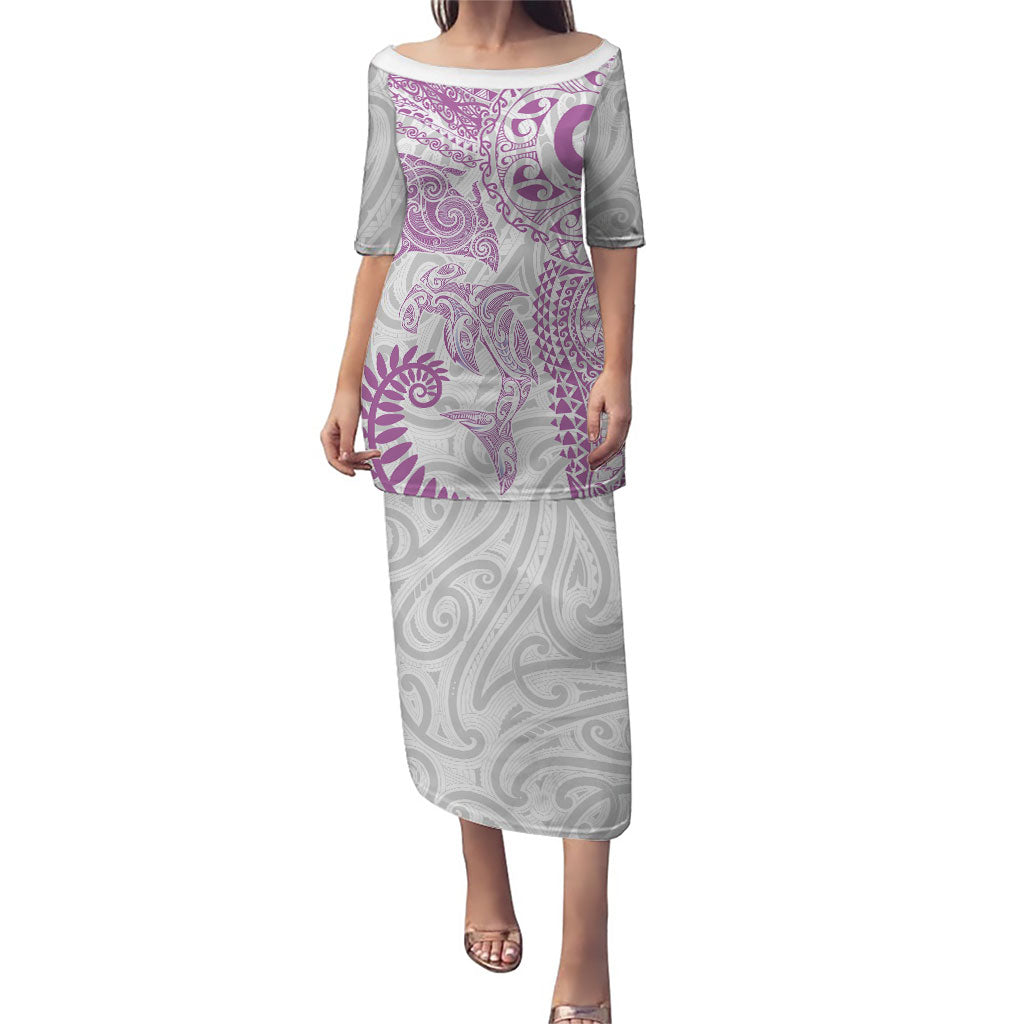 Aotearoa Maori Sea Animals Tribal Family Matching Puletasi and Hawaiian Shirt Manta Ray and Shark Moko Pattern Pink Color