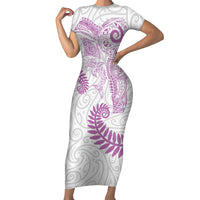 Aotearoa Maori Sea Animals Tribal Family Matching Short Sleeve Bodycon Dress and Hawaiian Shirt Manta Ray and Shark Moko Pattern Pink Color