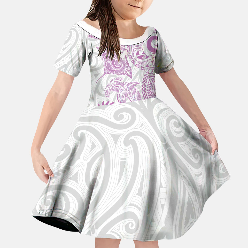 Aotearoa Maori Sea Animals Tribal Family Matching Summer Maxi Dress and Hawaiian Shirt Manta Ray and Shark Moko Pattern Pink Color