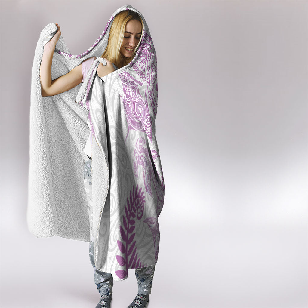 Aotearoa Maori Sea Animals Tribal Hooded Blanket Manta Ray and Shark Moko Pattern Pink Color