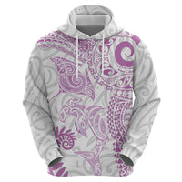 Aotearoa Maori Sea Animals Tribal Hoodie Manta Ray and Shark Moko Pattern Pink Color