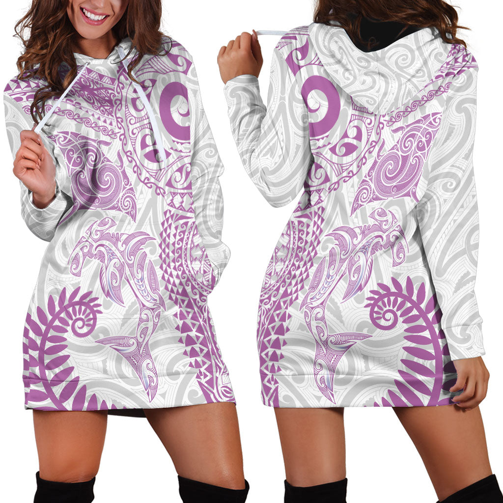Aotearoa Maori Sea Animals Tribal Hoodie Dress Manta Ray and Shark Moko Pattern Pink Color