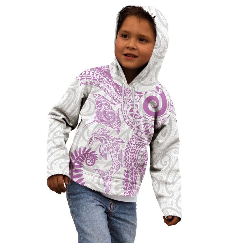 Aotearoa Maori Sea Animals Tribal Kid Hoodie Manta Ray and Shark Moko Pattern Pink Color