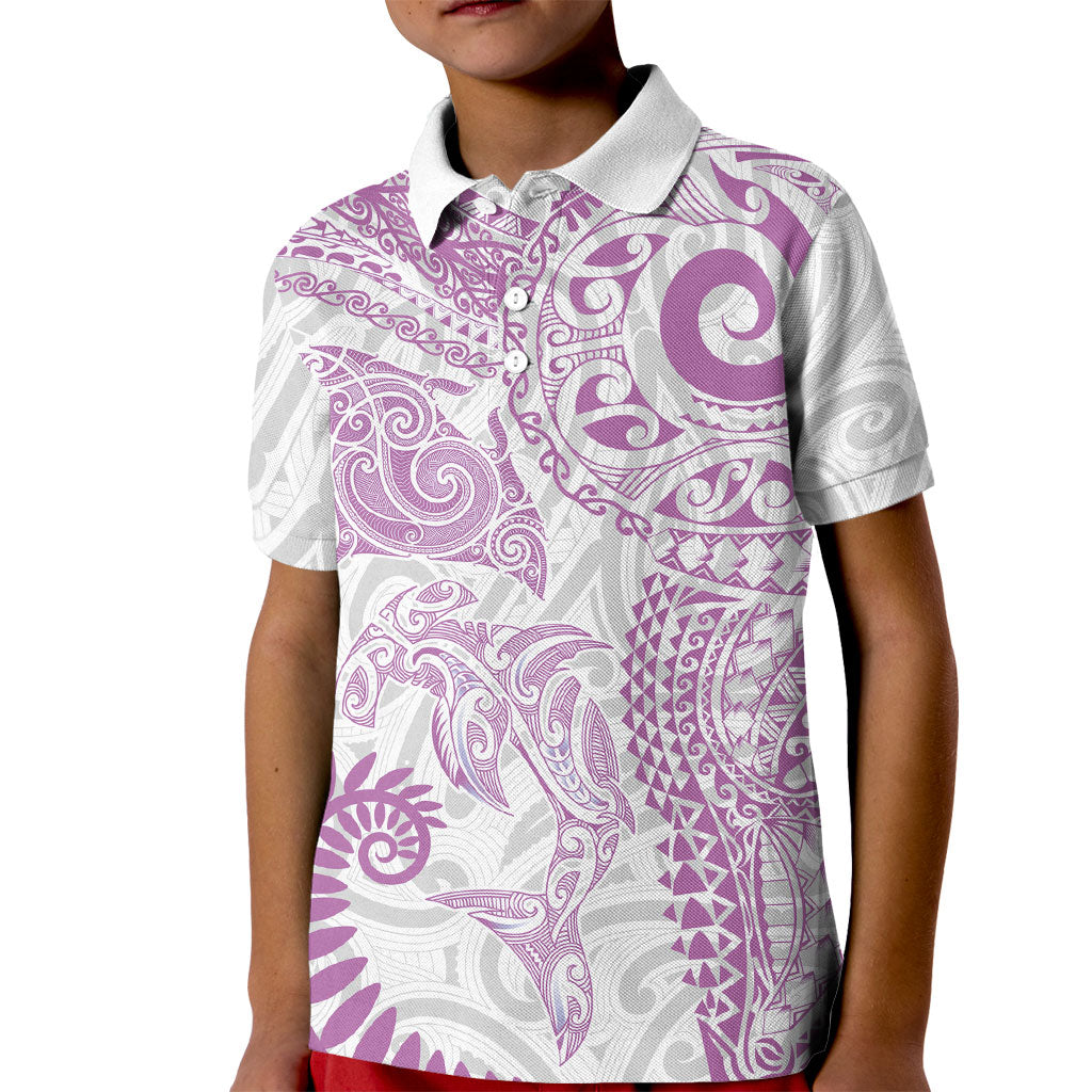 Aotearoa Maori Sea Animals Tribal Kid Polo Shirt Manta Ray and Shark Moko Pattern Pink Color