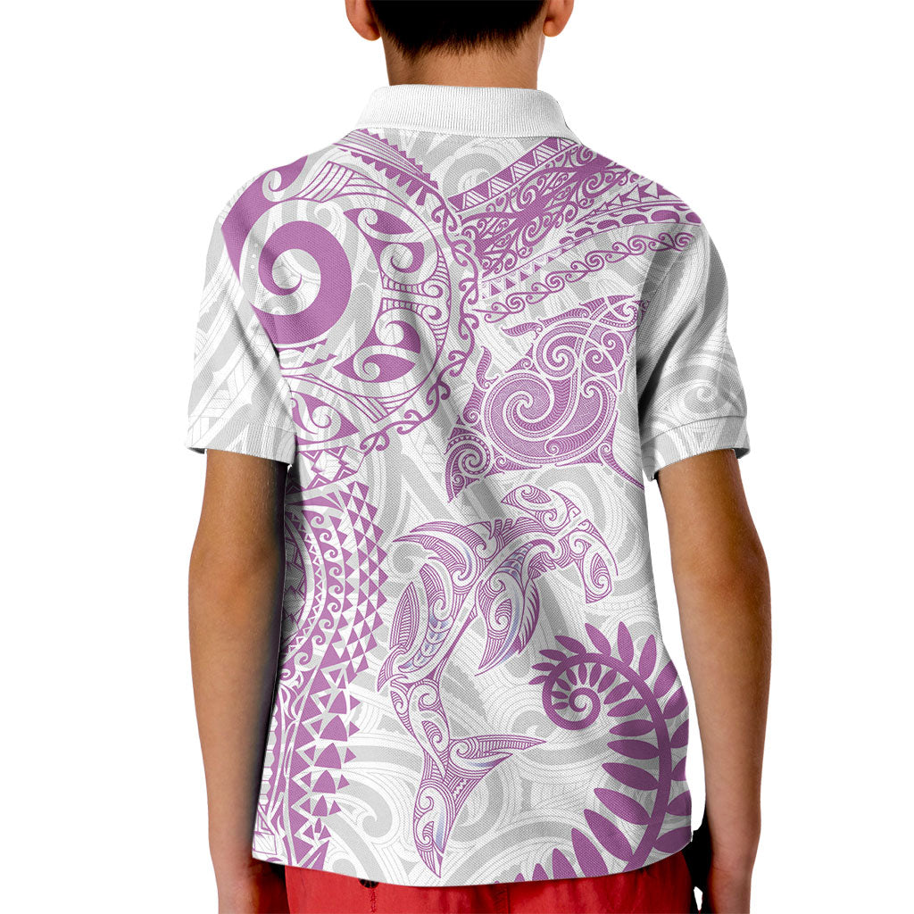 Aotearoa Maori Sea Animals Tribal Kid Polo Shirt Manta Ray and Shark Moko Pattern Pink Color