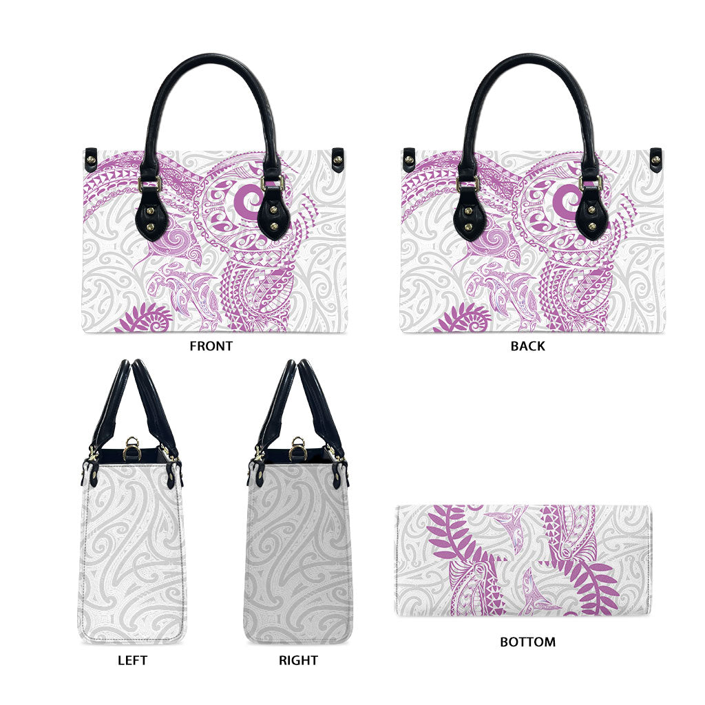 Aotearoa Maori Sea Animals Tribal Leather Bag Manta Ray and Shark Moko Pattern Pink Color