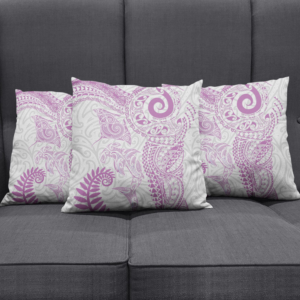 Aotearoa Maori Sea Animals Tribal Pillow Cover Manta Ray and Shark Moko Pattern Pink Color