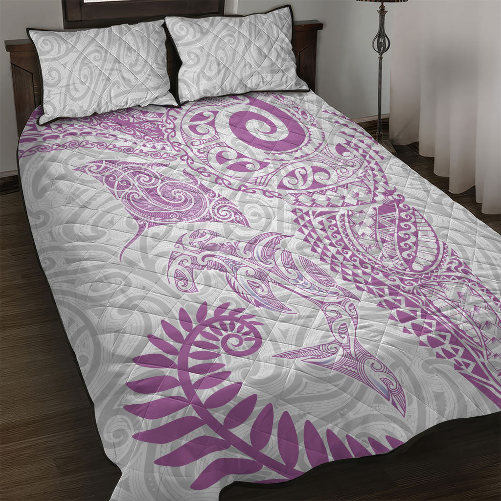 Aotearoa Maori Sea Animals Tribal Quilt Bed Set Manta Ray and Shark Moko Pattern Pink Color