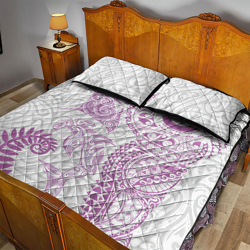 Aotearoa Maori Sea Animals Tribal Quilt Bed Set Manta Ray and Shark Moko Pattern Pink Color