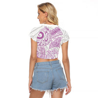 Aotearoa Maori Sea Animals Tribal Raglan Cropped T Shirt Manta Ray and Shark Moko Pattern Pink Color