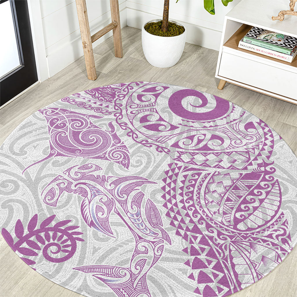 Aotearoa Maori Sea Animals Tribal Round Carpet Manta Ray and Shark Moko Pattern Pink Color