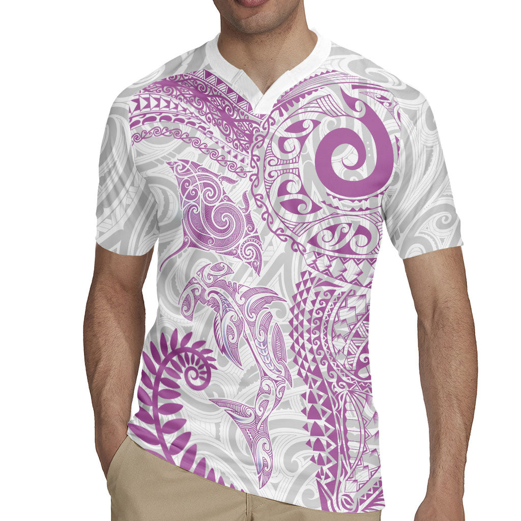 Aotearoa Maori Sea Animals Tribal Rugby Jersey Manta Ray and Shark Moko Pattern Pink Color