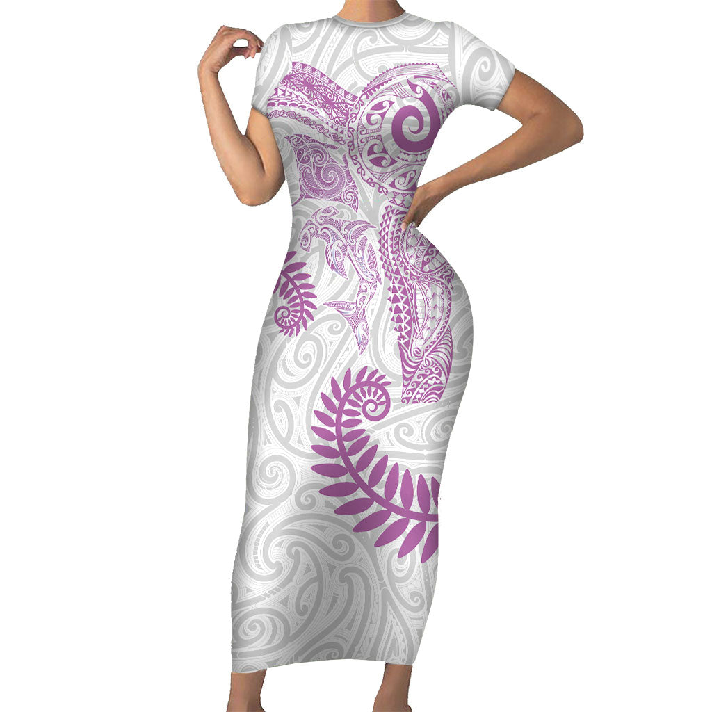 Aotearoa Maori Sea Animals Tribal Short Sleeve Bodycon Dress Manta Ray and Shark Moko Pattern Pink Color