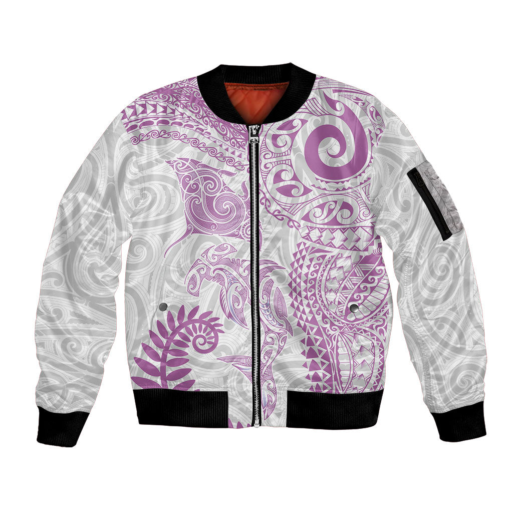 Aotearoa Maori Sea Animals Tribal Sleeve Zip Bomber Jacket Manta Ray and Shark Moko Pattern Pink Color LT03 Unisex Pink - Polynesian Pride