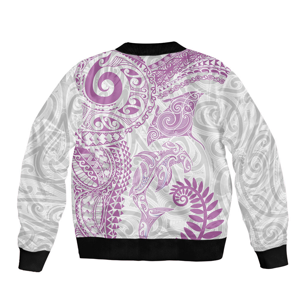Aotearoa Maori Sea Animals Tribal Sleeve Zip Bomber Jacket Manta Ray and Shark Moko Pattern Pink Color LT03 - Polynesian Pride
