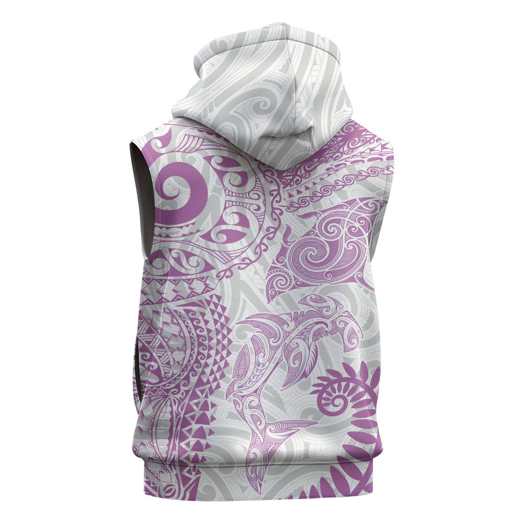 Aotearoa Maori Sea Animals Tribal Sleeveless Hoodie Manta Ray and Shark Moko Pattern Pink Color
