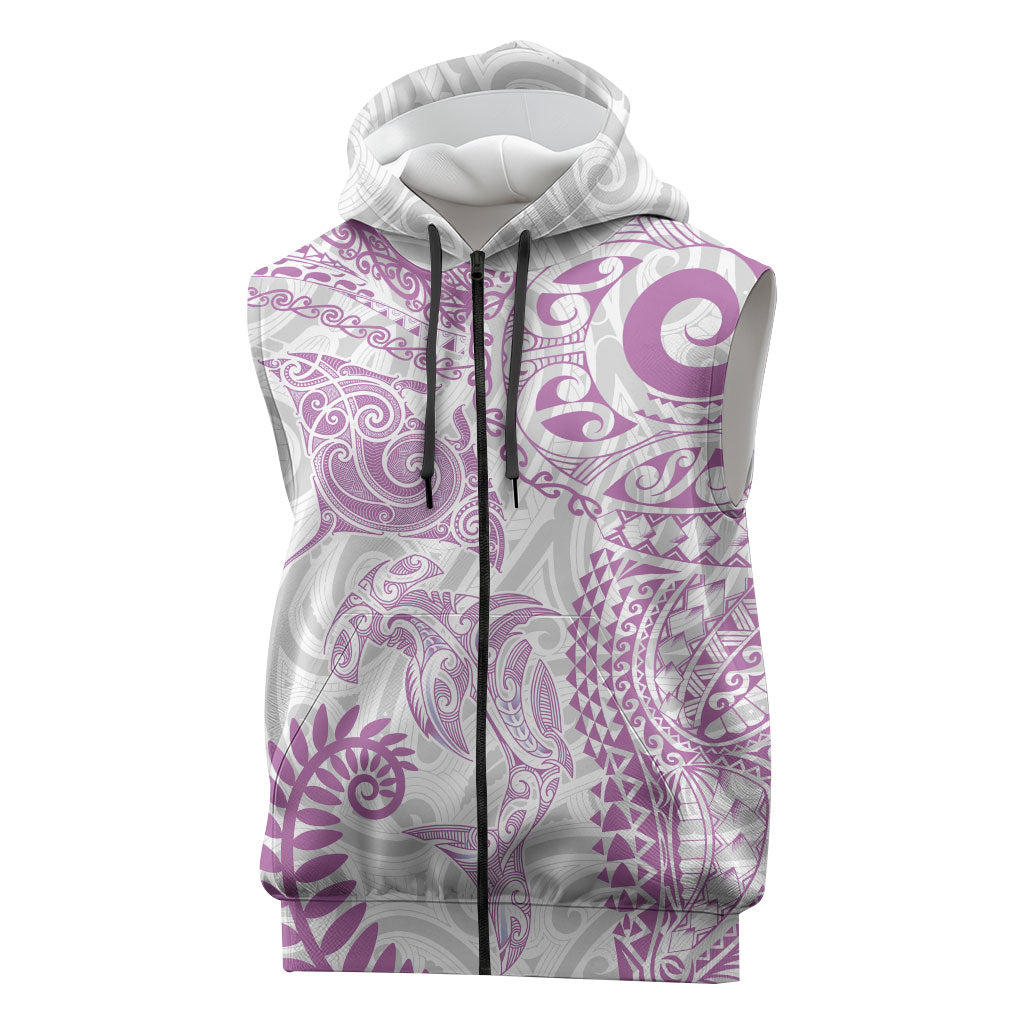 Aotearoa Maori Sea Animals Tribal Sleeveless Zip Hoodie Manta Ray and Shark Moko Pattern Pink Color