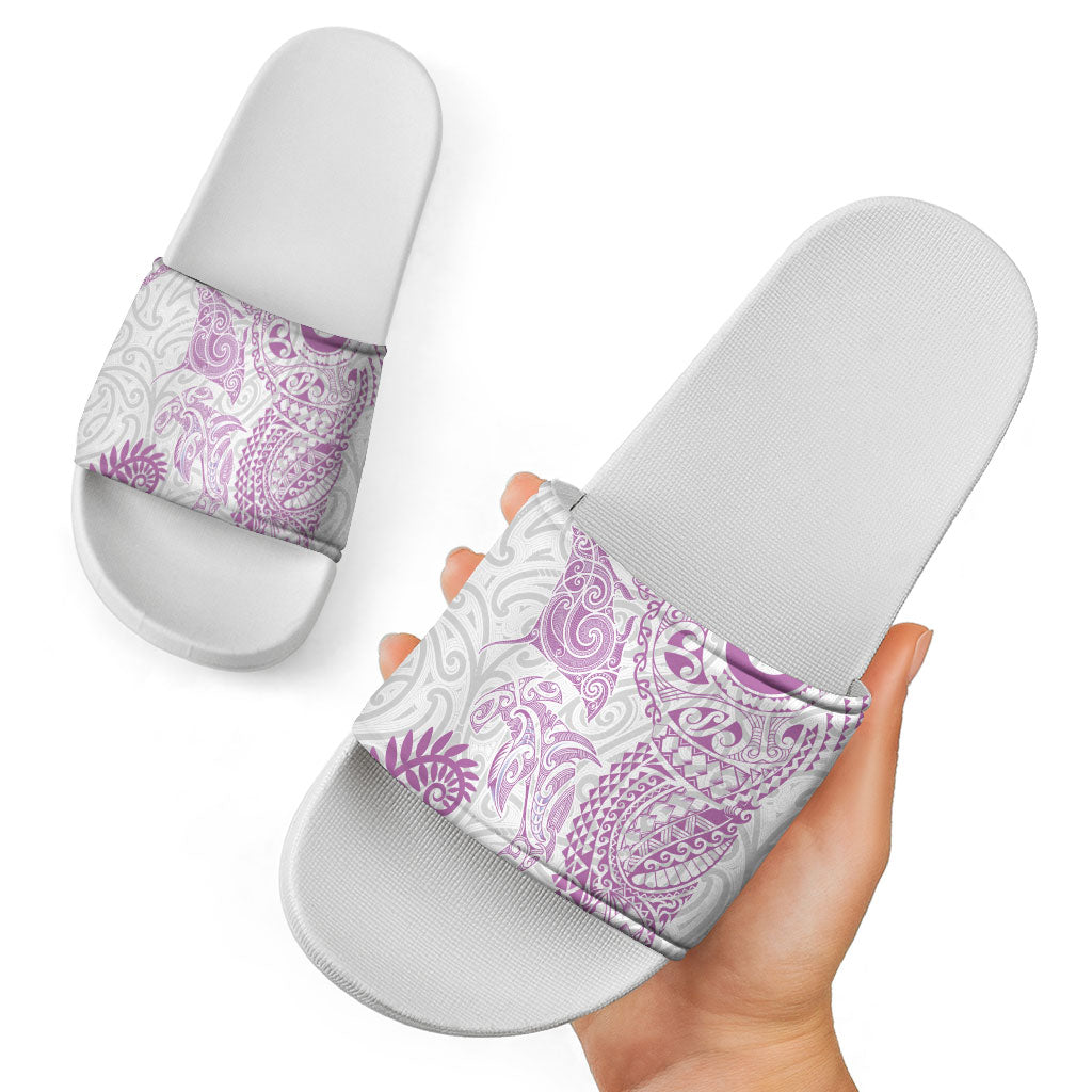 Aotearoa Maori Sea Animals Tribal Slide Sandals Manta Ray and Shark Moko Pattern Pink Color